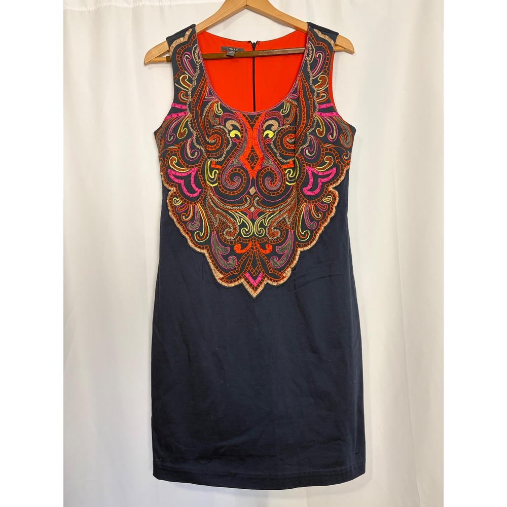 Muse Boho Office Embroidered Business Casual Sheath Dress Blue Sleeveless 10